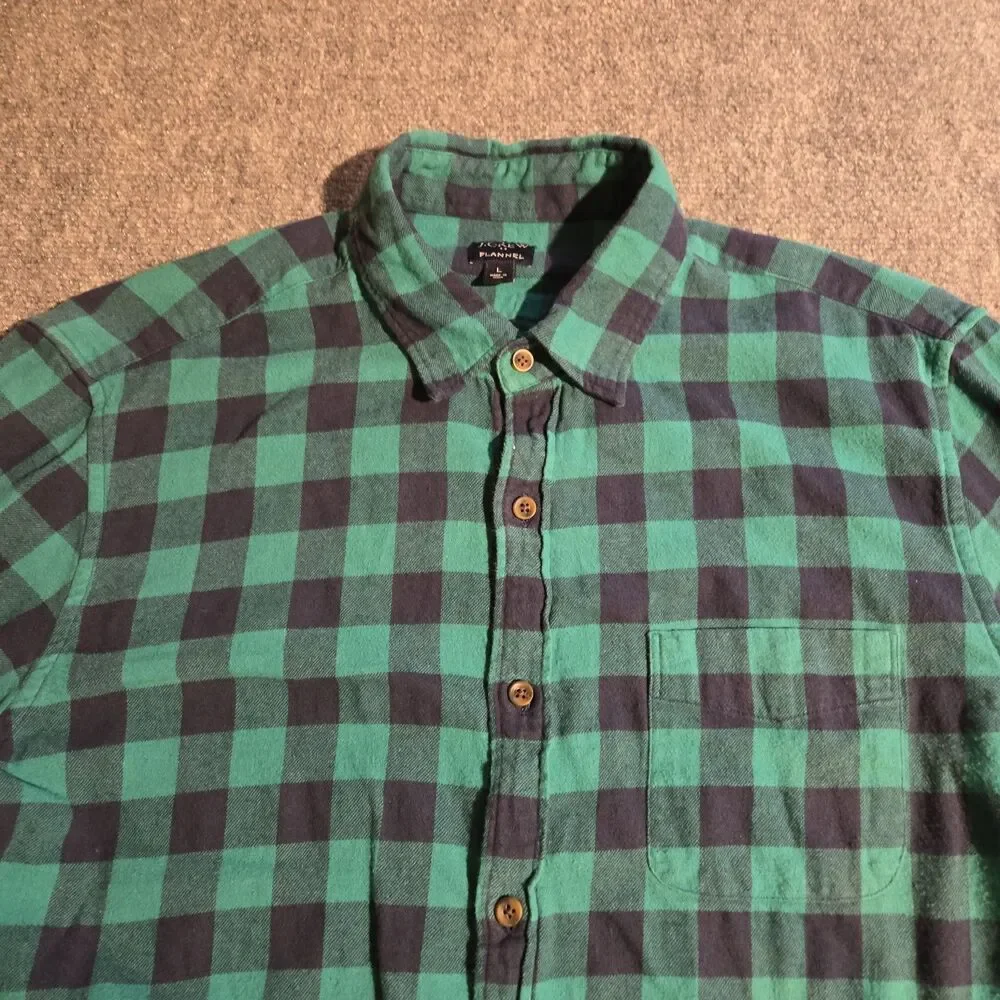 J.Crew Flannel Shirt Mens Large Green Plaid Long Sleeve Button Up Casual Pocket